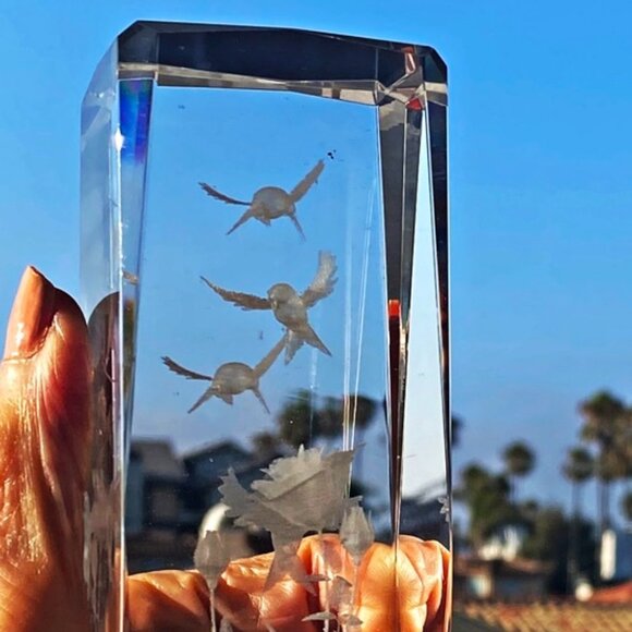 Clear Crystal Glass Tall Pillar Paperweight Birds Flowers Very Heavy - Picture 4 of 5